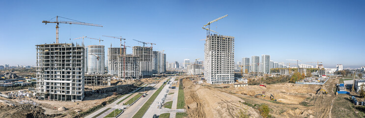 wide aerial panoramic view of construction site of the new neighborhood. urban real estate...