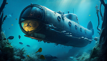 Naval submarine submerge deep underwater.  Ai generated image
