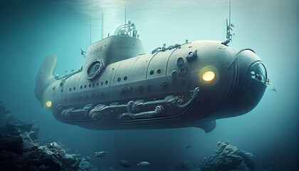 Naval submarine submerge deep underwater.  Ai generated image