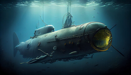 Naval submarine submerge deep underwater.  Ai generated image