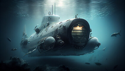 Naval submarine submerge deep underwater.  Ai generated image