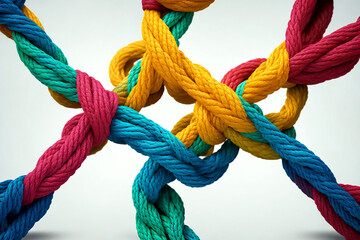 Collective Effort Integration and Unity with teamwork concept as a business metaphor for joining a partnership synergy as diverse ropes connected together in interdependence - obrazy, fototapety, plakaty