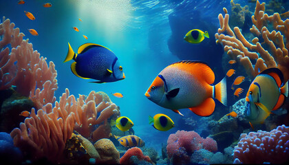 Obraz na płótnie Canvas Tropical sea underwater fishes on coral reef. Ai generated image