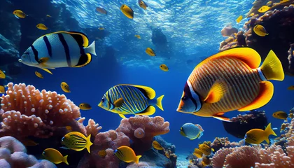Zelfklevend Fotobehang Tropical sea underwater fishes on coral reef. Ai generated image © TrendyImages