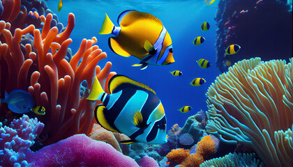 Tropical sea underwater fishes on coral reef. Ai generated image