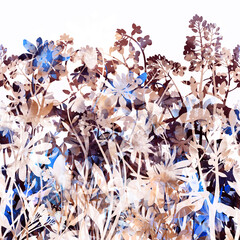 Abstract meadow flowers and herbs prints, silhouettes seamless border. Digital art with watercolour and acrylic texture. Mixed media artwork. Endless motif for packaging, scrapbooking, textile