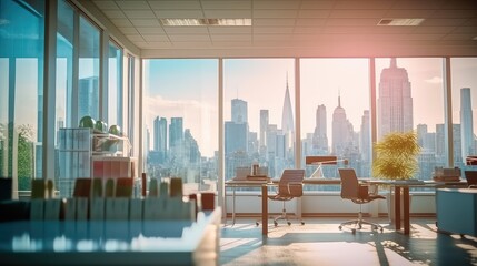 beautiful modern office room with large windows and city at the background 