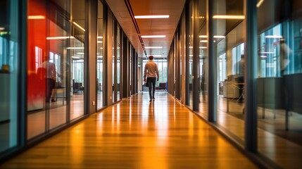 Man Walking on Long empty modern office corridor with bright white light and large windows, best for background concepts and ideas for business presentation background, wallpaper and backdrop 