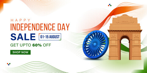sale banner of 15th august indian independence day on abstract background with illustration of india gate and ashoka chakra