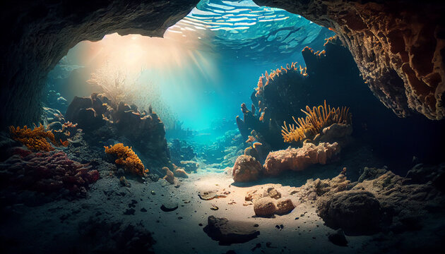 Underwater cave with coral reefs deep on ocean Ai generated image