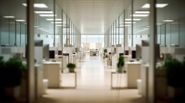 Open concept office setup with beautiful long office corridor with and defocused room background concepts and ideas for business presentation background, wallpaper and backdrop ideas for corporate and