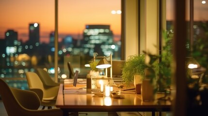 Evening office desk with chair desk lamp table watch pencil stand and defocused city background with large glass window, modern office concept