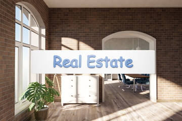 real estate; search box text floating in air in luxurious loft apartment with window and garden; minimalistic interior living room design; 3D Illustration