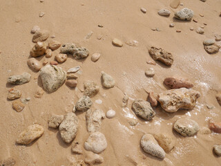 Fototapeta na wymiar Seashore with a set of pebbles on sandy beach