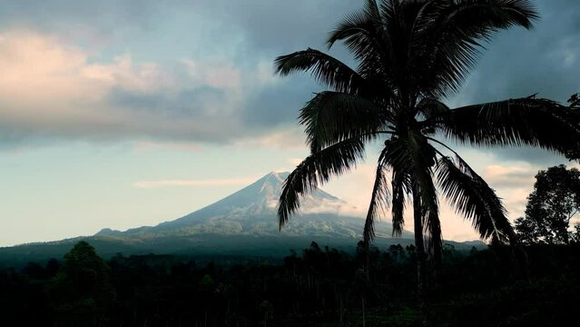 Beautiful sunrise landscape against the backdrop of the active volcano Semeru and the tropical jungle. East Java, Indonesia