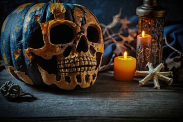 Halloween pumpkin with a skull decoration and a lit candle inside. Generative AI