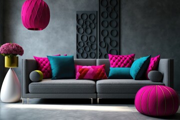 contemporary living room with a gray couch and pink accent pillows. Generative AI