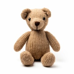 Old Knitted Teddy Bear Vintage Toy Isolated on White Background