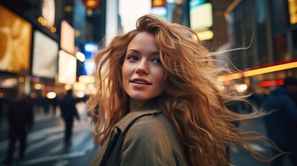 Fototapeta na wymiar A beautiful woman portrait, city street with new york city as background. Generative AI.