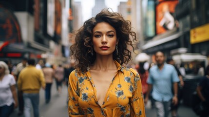 Fototapeta premium A beautiful woman portrait, city street with new york city as background. Generative AI.