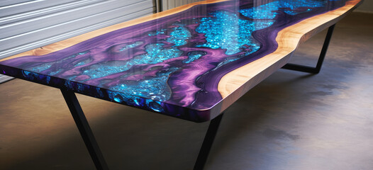 Custom made table. Epoxy river table. hand edited, Generative AI.  - obrazy, fototapety, plakaty