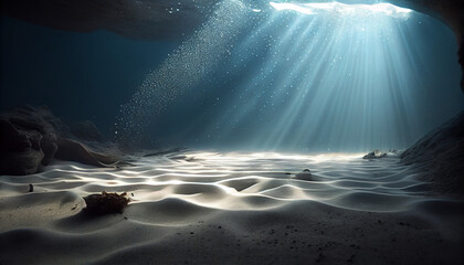 Underwater scene with rays of light and sand floor Ai generated image