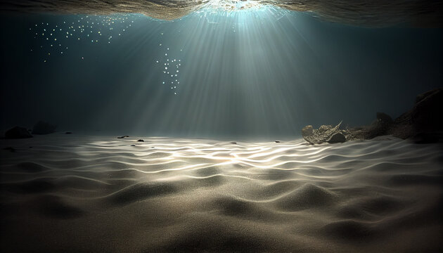 Underwater scene with rays of light and sand floor Ai generated image