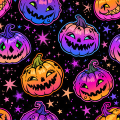 Seamless pattern of bright multicolored haloween pumpkins