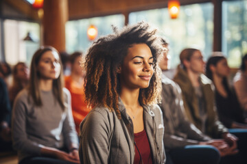  Group of mixed race smiling people practicing yoga in the gym