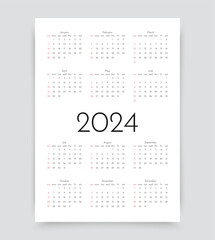 2024 сalendar. Calender template for year. Week starts Sunday. Pocket yearly organizer with 12 month. Scheduler layout in minimal design. Portrait orientation, English. Paper size A4. Vector illustrat