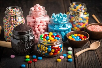 jars filled with assorted candies in bright colors and shapes. Generative AI