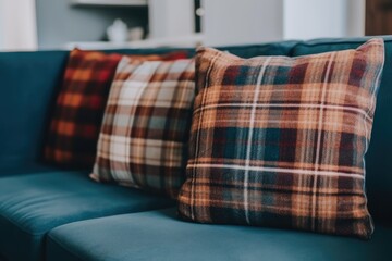 cozy living room with blue couch and plaid pillows
