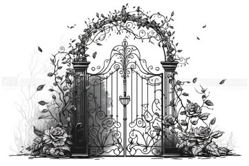 n intricate black and white wrought iron gate. Generative AI