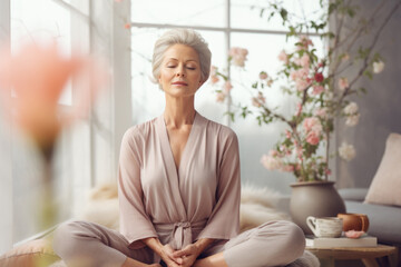 Elderly beautiful woman sitting on the floor and meditating in a beautiful room in her home

 - obrazy, fototapety, plakaty