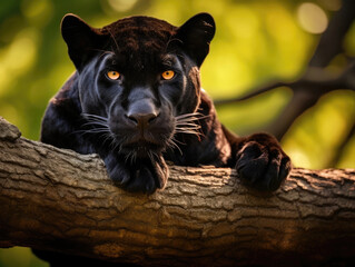 The black panther lies on a tree branch