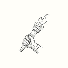 hand holding torch fire light hand drawn