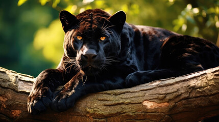 The black panther lies on a tree branch