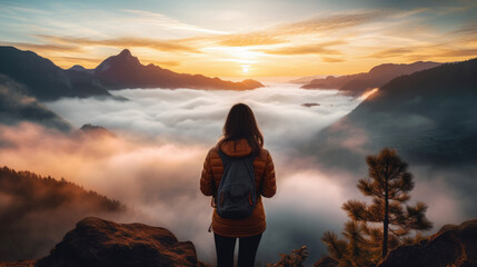 Obraz premium A backpacker is standing and relaxing with beautiful misty mountain in the morning sunrise.