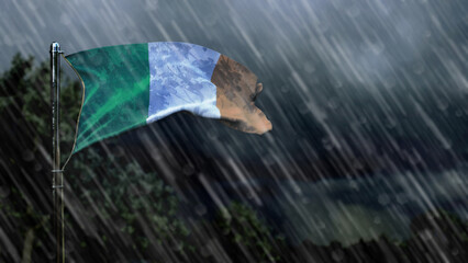 flag of Ireland with rain and dark clouds, windstorm forecast symbol - nature 3D illustration