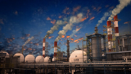 gas thermal power plant with storages at sundown, fictive design - industrial 3D rendering