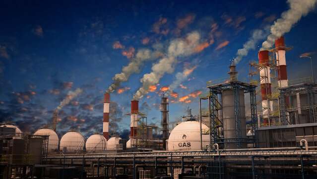 gas thermal power plant with storages at sundown, fictive design - industrial 3D rendering