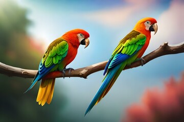 Plakat aweosome geomatric shape vector of parrot in red green and blue color genearive ai look 