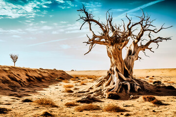 Withered tree in a desert landscape as a sign of changing global climate, made with generative ai