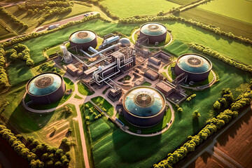 Futuristic aerial view of a biogas production plant, made with generative ai