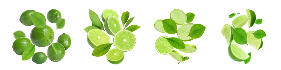Fresh lime fruits and green leaves falling on white background, collage design