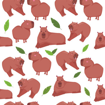 Vector pattern with the image of capybaras seamless. Cartoon drawing style. Cute capybaras are beautiful.