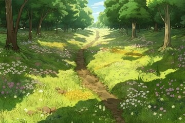 scenic dirt road surrounded by lush green forest. Generative AI