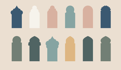Islamic window boho colors shape. Arabic door shape. Islamic arhitecture elements of window and door