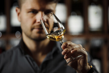 Bokal of white wine on background, male sommelier appreciating drink