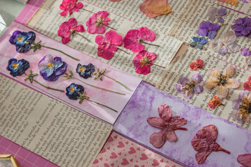 beautiful variety of pressed flower bookmarks close up